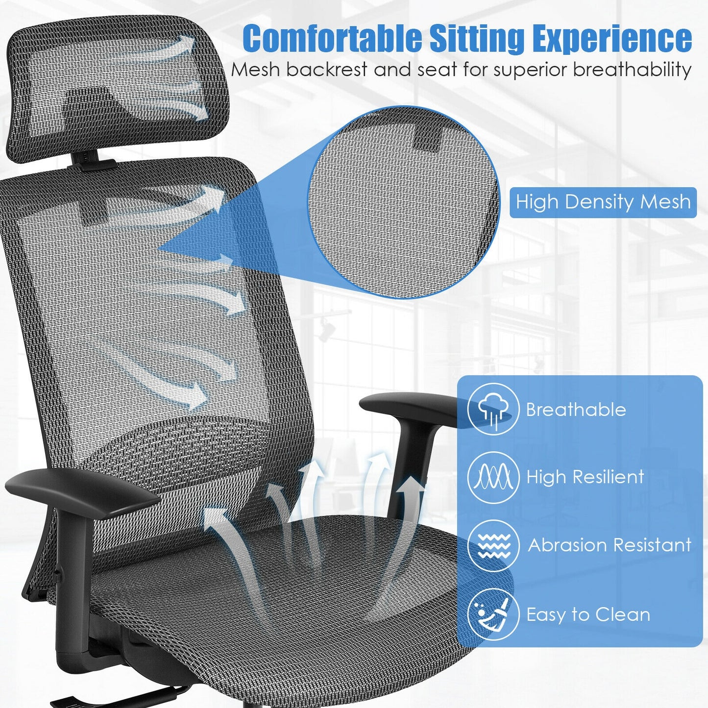 Height Adjustable Ergonomic High Back Mesh Office Chair with Hanger-Gray
