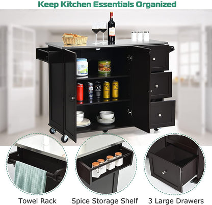 Kitchen Island 2-Door Storage Cabinet with Stainless Steel Top and Drawers-Black