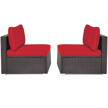 2 Pieces Patio Rattan Armless Sofa Set with 2 Cushions and 2 Pillows-Red