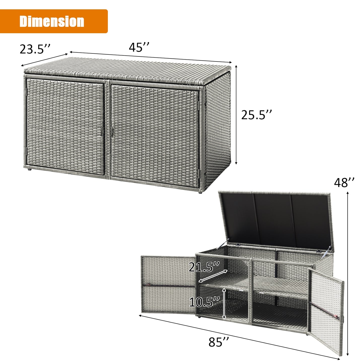 88 Gallon Garden Patio Rattan Storage Container Box-Gray