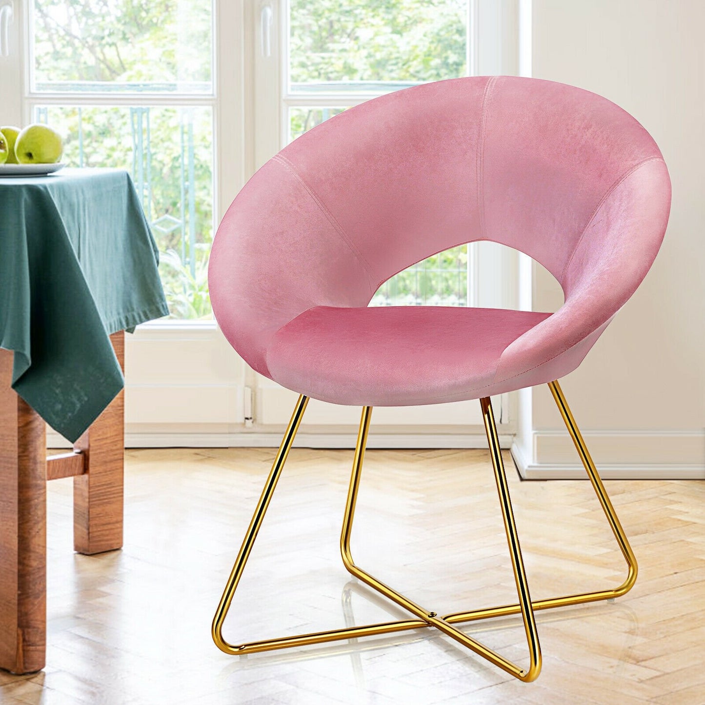 Modern Accent Velvet Dining Arm Chair with Golden Metal Legs and Soft Cushion-Dark Green