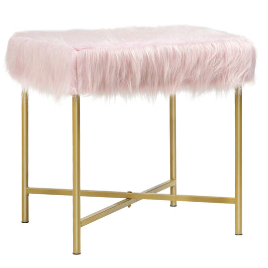 Faux Fur Ottoman Decorative Stool with Metal Legs-Pink