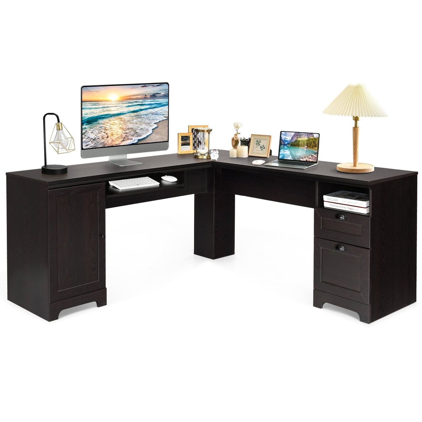 66 Inch L-Shaped Writing Study Workstation Computer Desk with Drawers-Black