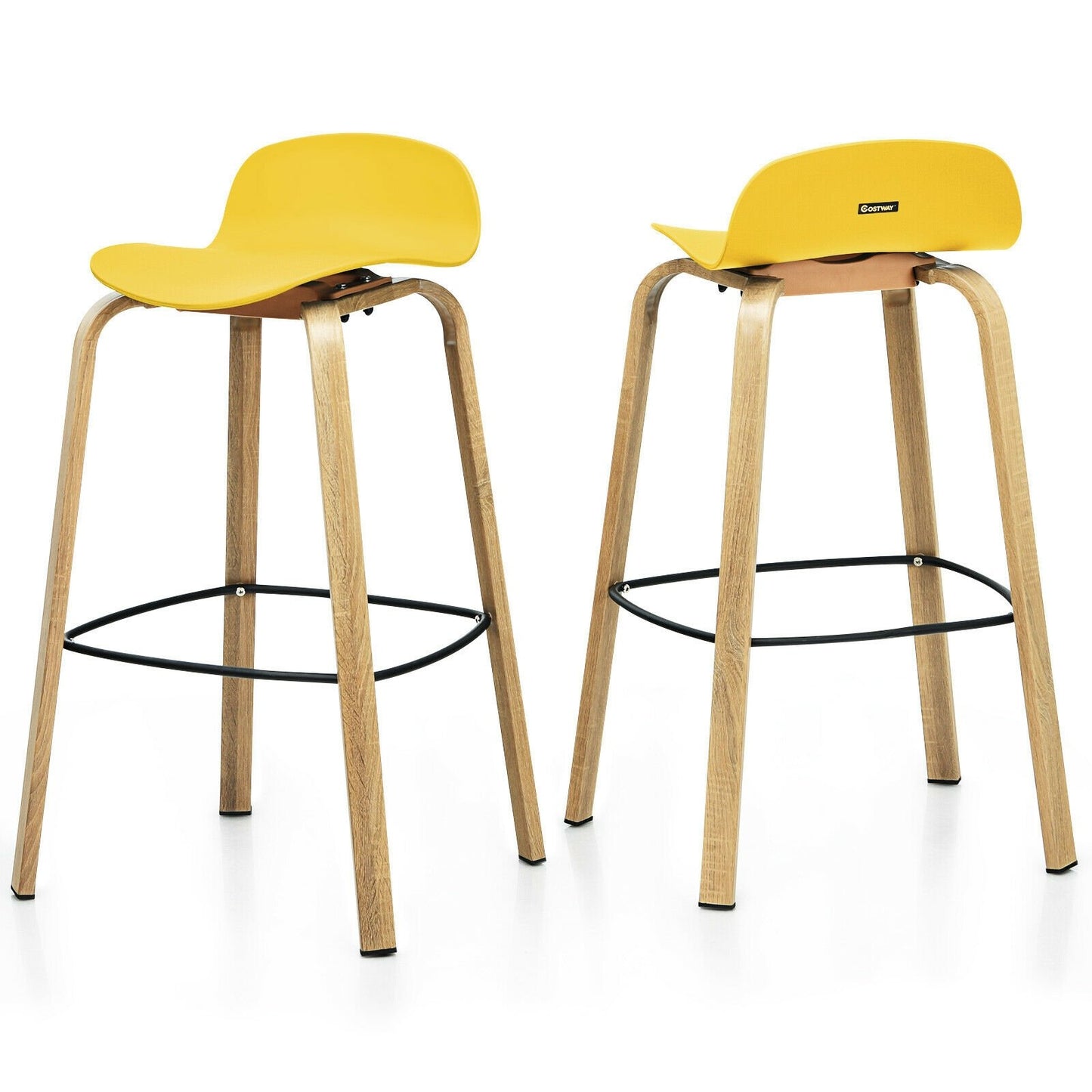 Set of 2 Modern Barstools Pub Chairs with Low Back and Metal Legs-Black