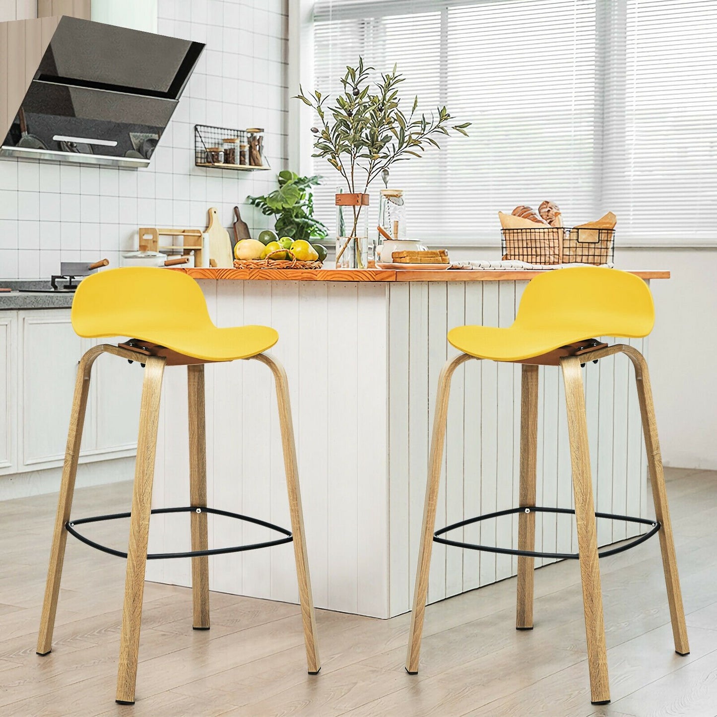 Set of 2 Modern Barstools Pub Chairs with Low Back and Metal Legs-Black