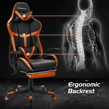Reclining Racing Chair with Lumbar Support Footrest-Orange