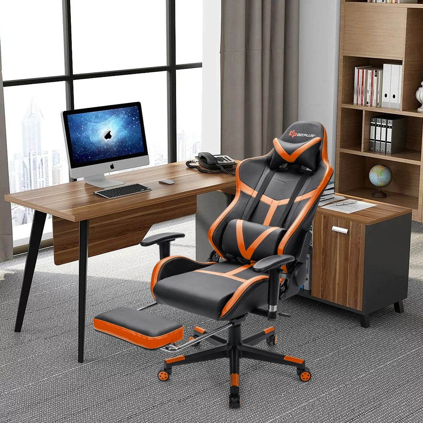 Reclining Racing Chair with Lumbar Support Footrest-Orange