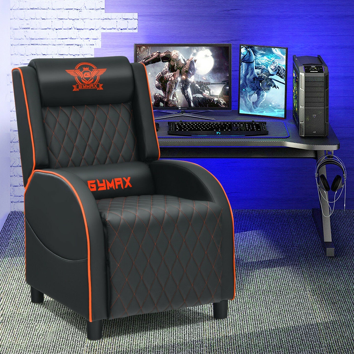 Massage Gaming Recliner Chair with Headrest and Adjustable Backrest for Home Theater-Orange