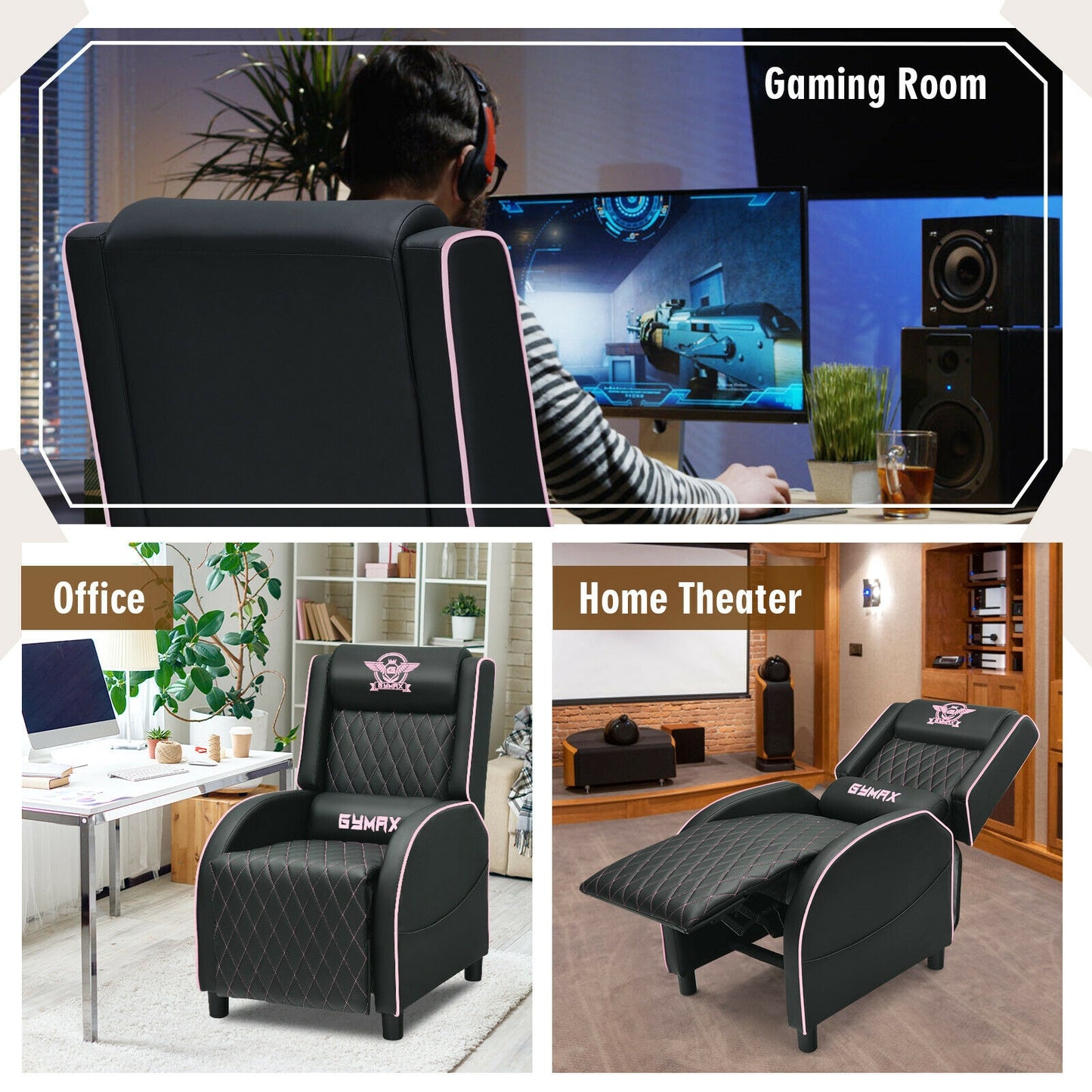 Massage Gaming Recliner Chair with Headrest and Adjustable Backrest for Home Theater-Pink