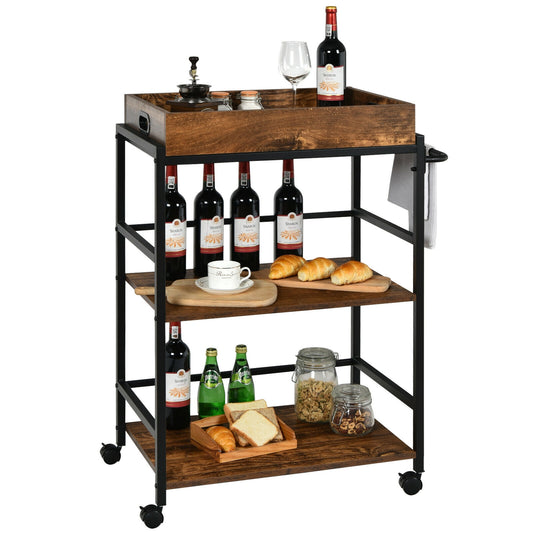 3-Tier Kitchen Serving Bar Cart with Lockable Casters and Handle Rack for Home Pub-Rustic Brown