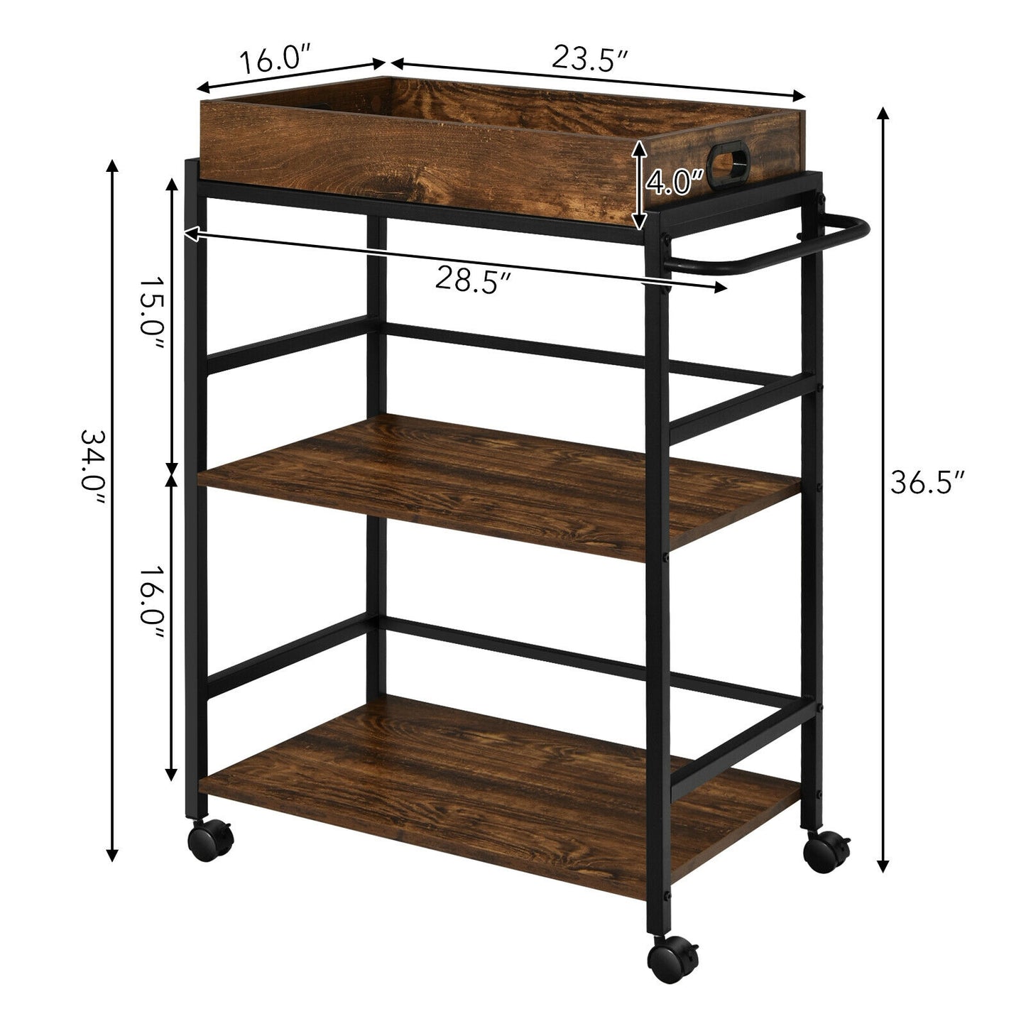 3-Tier Kitchen Serving Bar Cart with Lockable Casters and Handle Rack for Home Pub-Rustic Brown