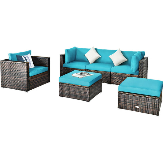 6 Pieces Patio Rattan Furniture Set with Sectional Cushion-Turquoise