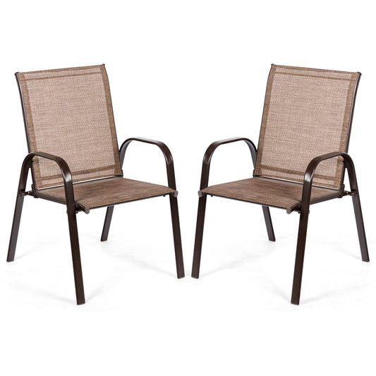 2 Pieces Patio Outdoor Dining Chair with Armrest-Brown
