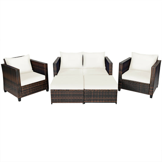 5 Pieces Patio Cushioned Rattan Furniture Set-White
