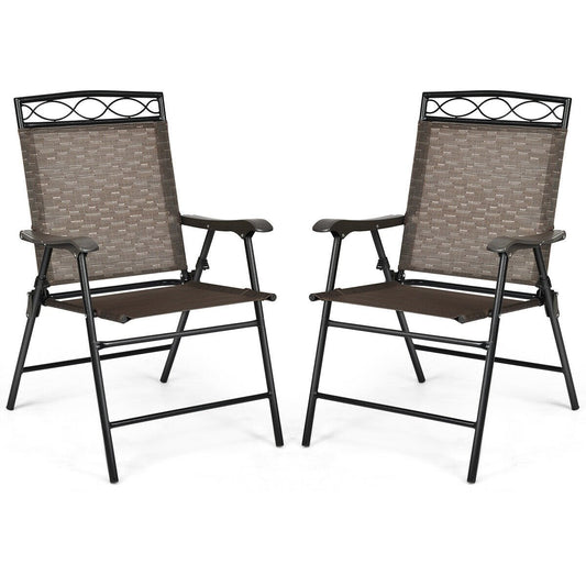 Set of 2 Patio Folding Chairs Sling Portable Dining Chair Set with Armrest