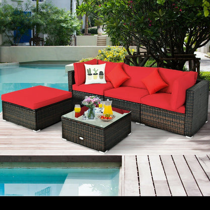 5 Pieces Outdoor Patio Rattan Furniture Set Sectional Conversation with Cushions-Beige