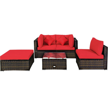 5 Pieces Outdoor Patio Rattan Furniture Set Sectional Conversation with Cushions-Beige