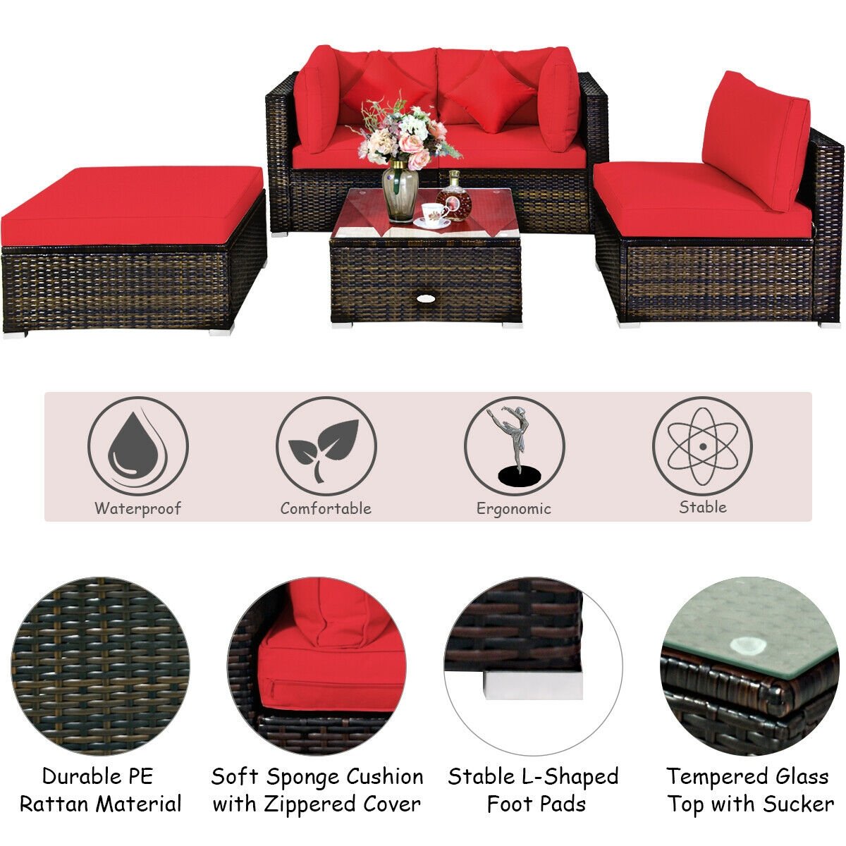 5 Pieces Outdoor Patio Rattan Furniture Set Sectional Conversation with Cushions-Beige