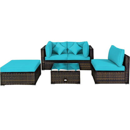 5 Pieces Outdoor Patio Rattan Furniture Set Sectional Conversation with Cushions-Beige