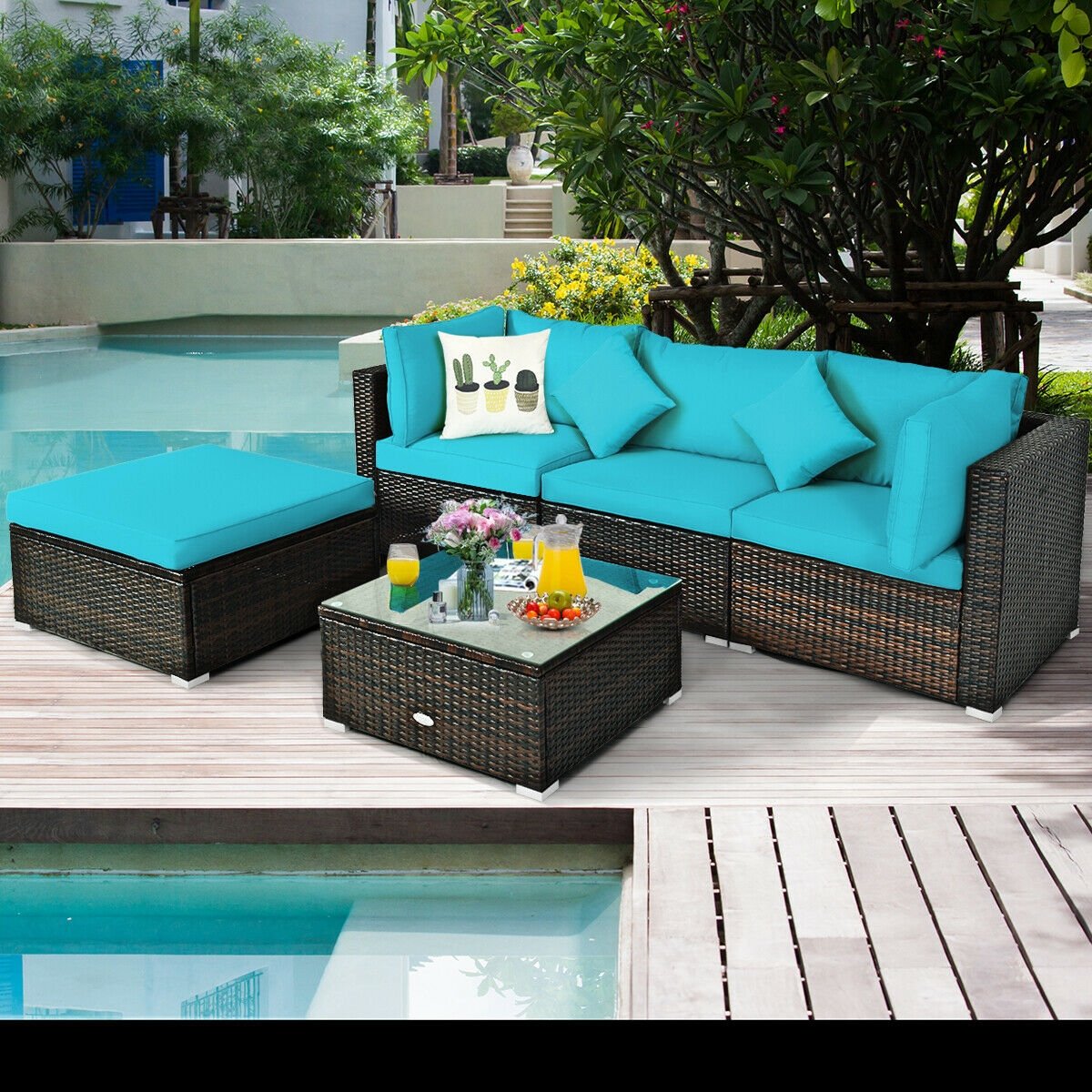 5 Pieces Outdoor Patio Rattan Furniture Set Sectional Conversation with Cushions-Beige