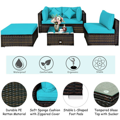 5 Pieces Outdoor Patio Rattan Furniture Set Sectional Conversation with Cushions-Beige