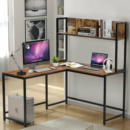Industrial L-Shaped Desk Bookshelf 55 Inch Corner Computer Gaming Table-Black
