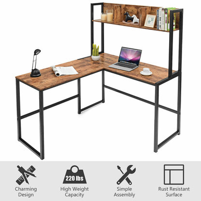 Industrial L-Shaped Desk Bookshelf 55 Inch Corner Computer Gaming Table-Black