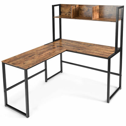 Industrial L-Shaped Desk Bookshelf 55 Inch Corner Computer Gaming Table-Black