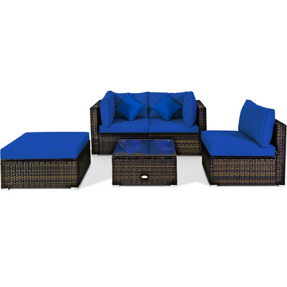 5 Pieces Outdoor Patio Rattan Furniture Set Sectional Conversation with Cushions-Beige