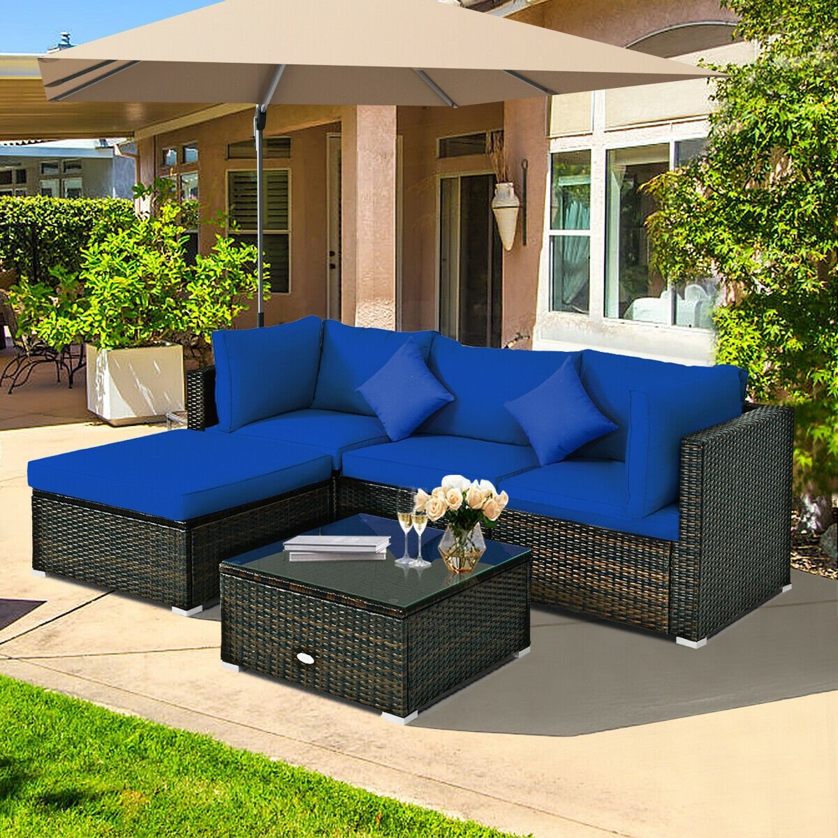 5 Pieces Outdoor Patio Rattan Furniture Set Sectional Conversation with Cushions-Beige