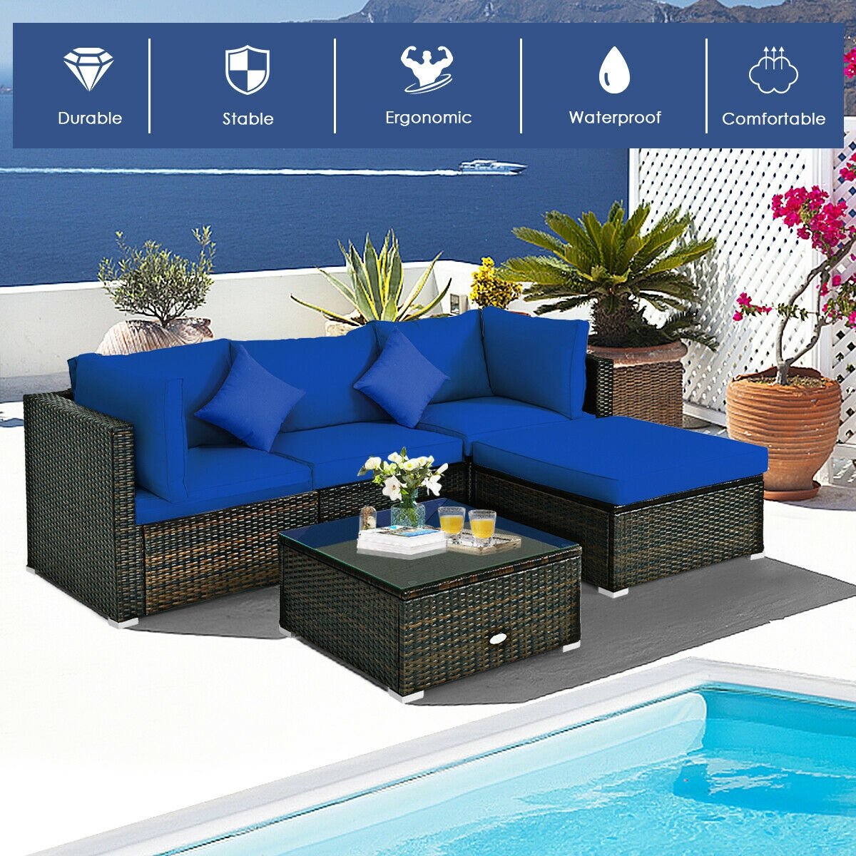 5 Pieces Outdoor Patio Rattan Furniture Set Sectional Conversation with Cushions-Beige