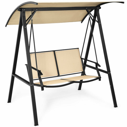 2 Person Patio Swing with Weather Resistant Glider and Adjustable Canopy-Beige
