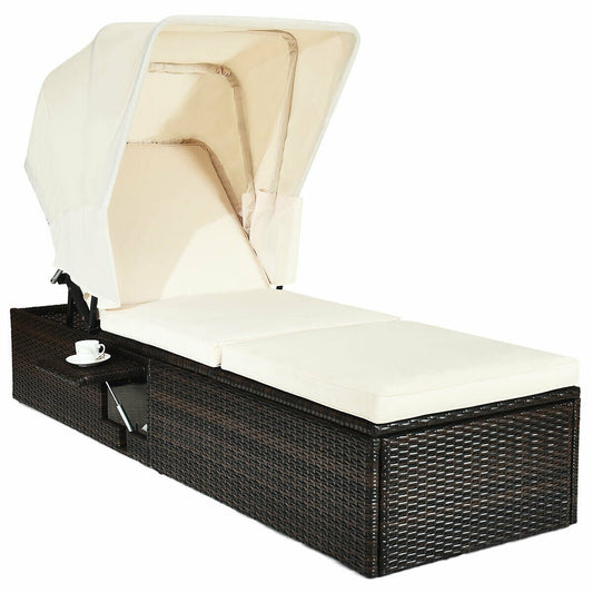Outdoor Chaise Lounge Chair with Folding Canopy-White