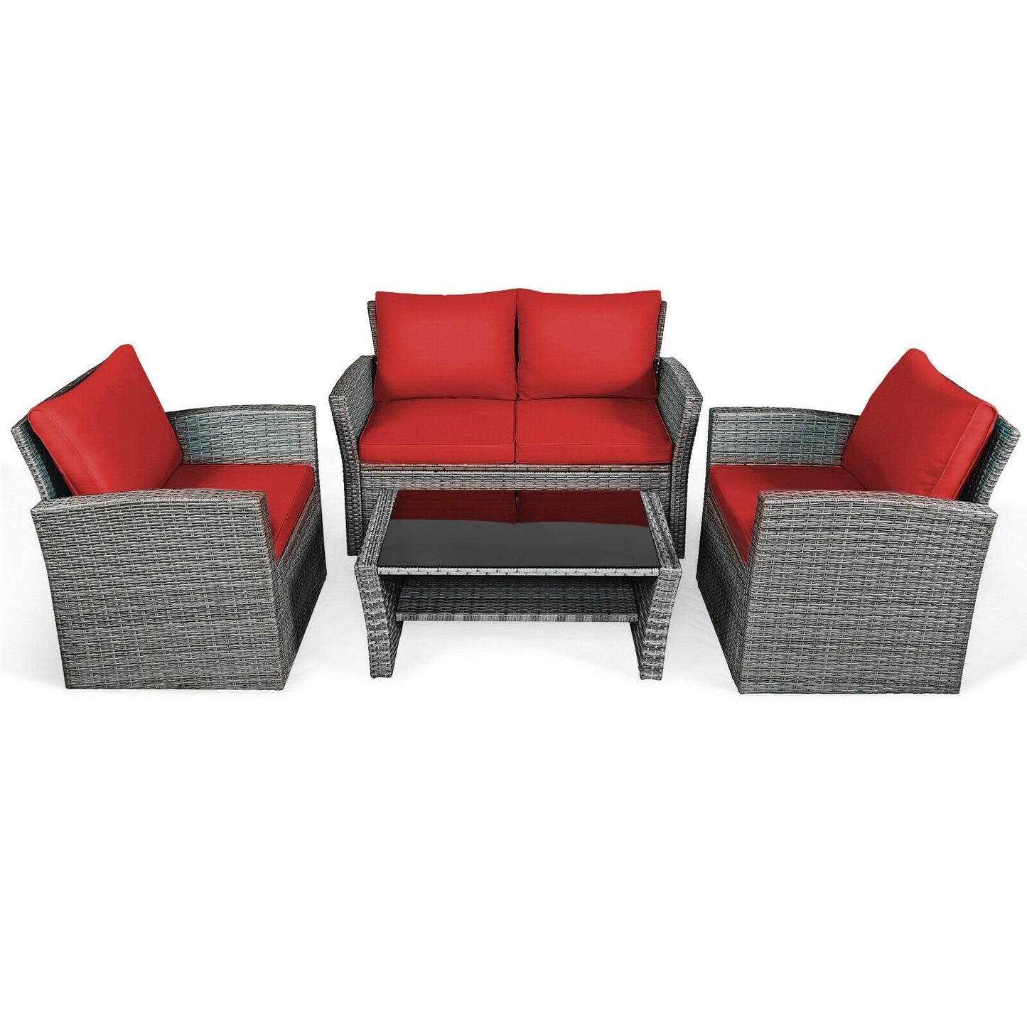 4 Pieces Patio Rattan Furniture Set Sofa Table with Storage Shelf Cushion-Beige