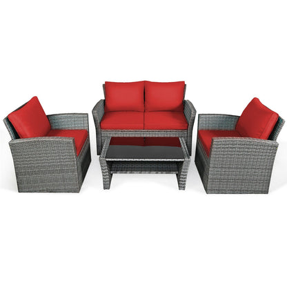 4 Pieces Patio Rattan Furniture Set Sofa Table with Storage Shelf Cushion-Beige