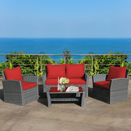 4 Pieces Patio Rattan Furniture Set Sofa Table with Storage Shelf Cushion-Beige