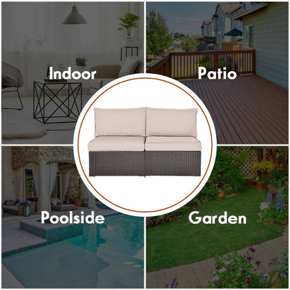 2 Pieces Patio Rattan Armless Sofa Set with 2 Cushions and 2 Pillows-Black