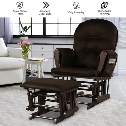 Wood Glider and Ottoman Set with Padded Armrests and Detachable Cushion-Brown