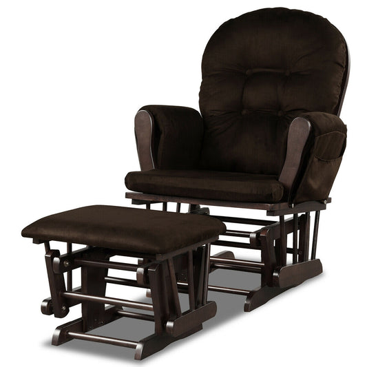 Wood Glider and Ottoman Set with Padded Armrests and Detachable Cushion-Brown
