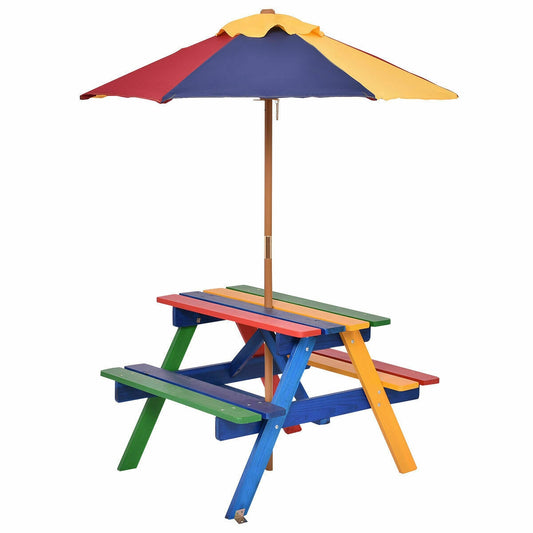 4 Seat Kids Picnic Table with Umbrella-Multicolor