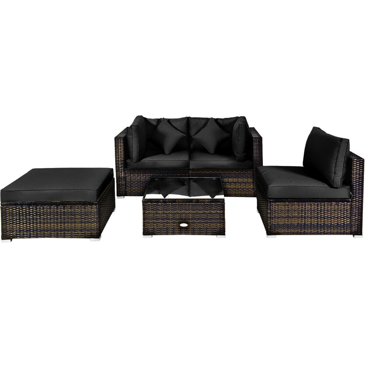 5 Pieces Outdoor Patio Rattan Furniture Set Sectional Conversation with Cushions-Beige