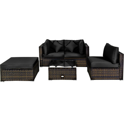 5 Pieces Outdoor Patio Rattan Furniture Set Sectional Conversation with Cushions-Beige