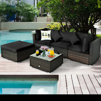 5 Pieces Outdoor Patio Rattan Furniture Set Sectional Conversation with Cushions-Beige