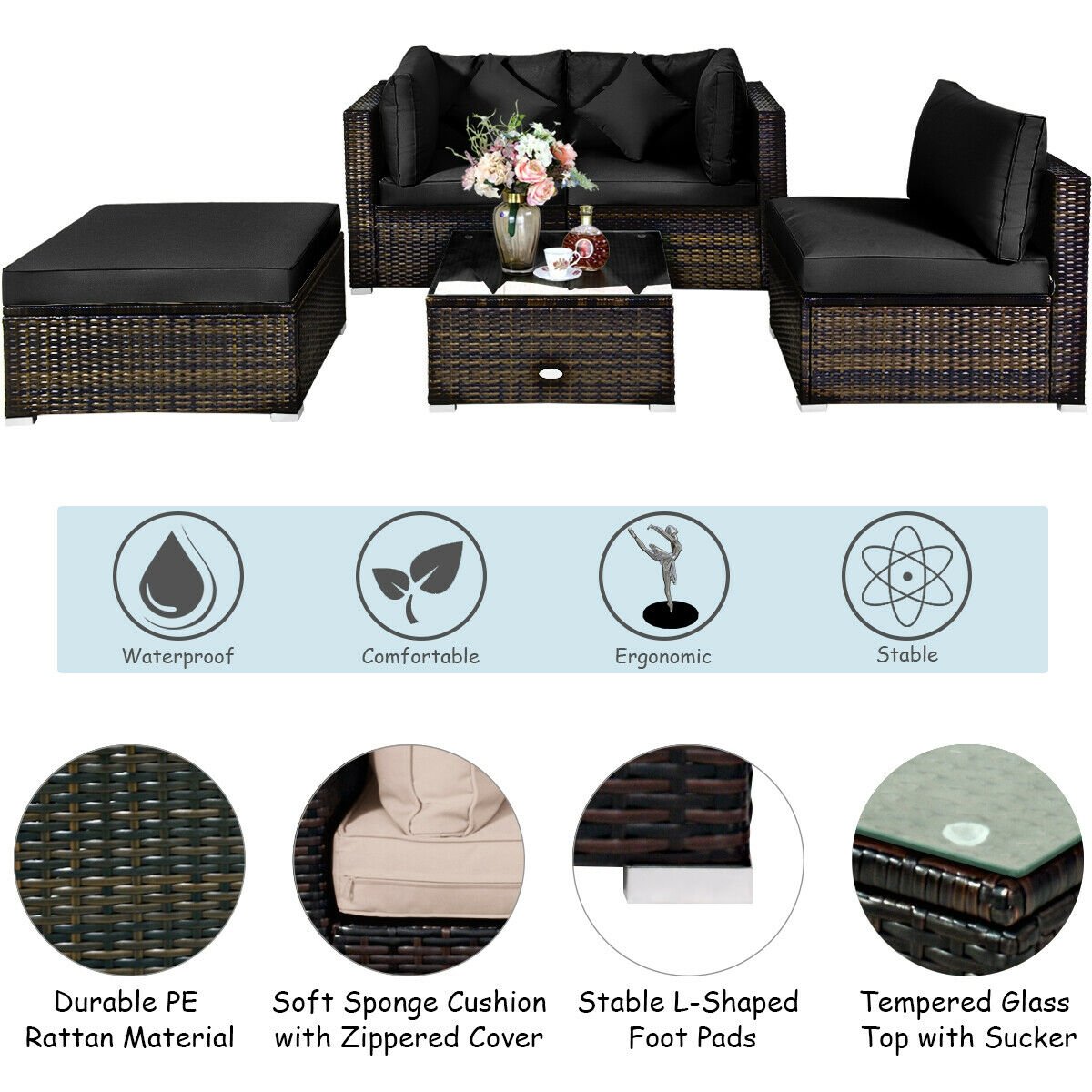 5 Pieces Outdoor Patio Rattan Furniture Set Sectional Conversation with Cushions-Beige