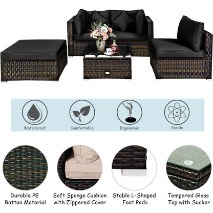 5 Pieces Outdoor Patio Rattan Furniture Set Sectional Conversation with Cushions-Beige