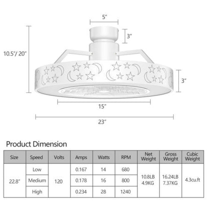 23 Inch Ceiling Fan with LED Light and Remote Control-White