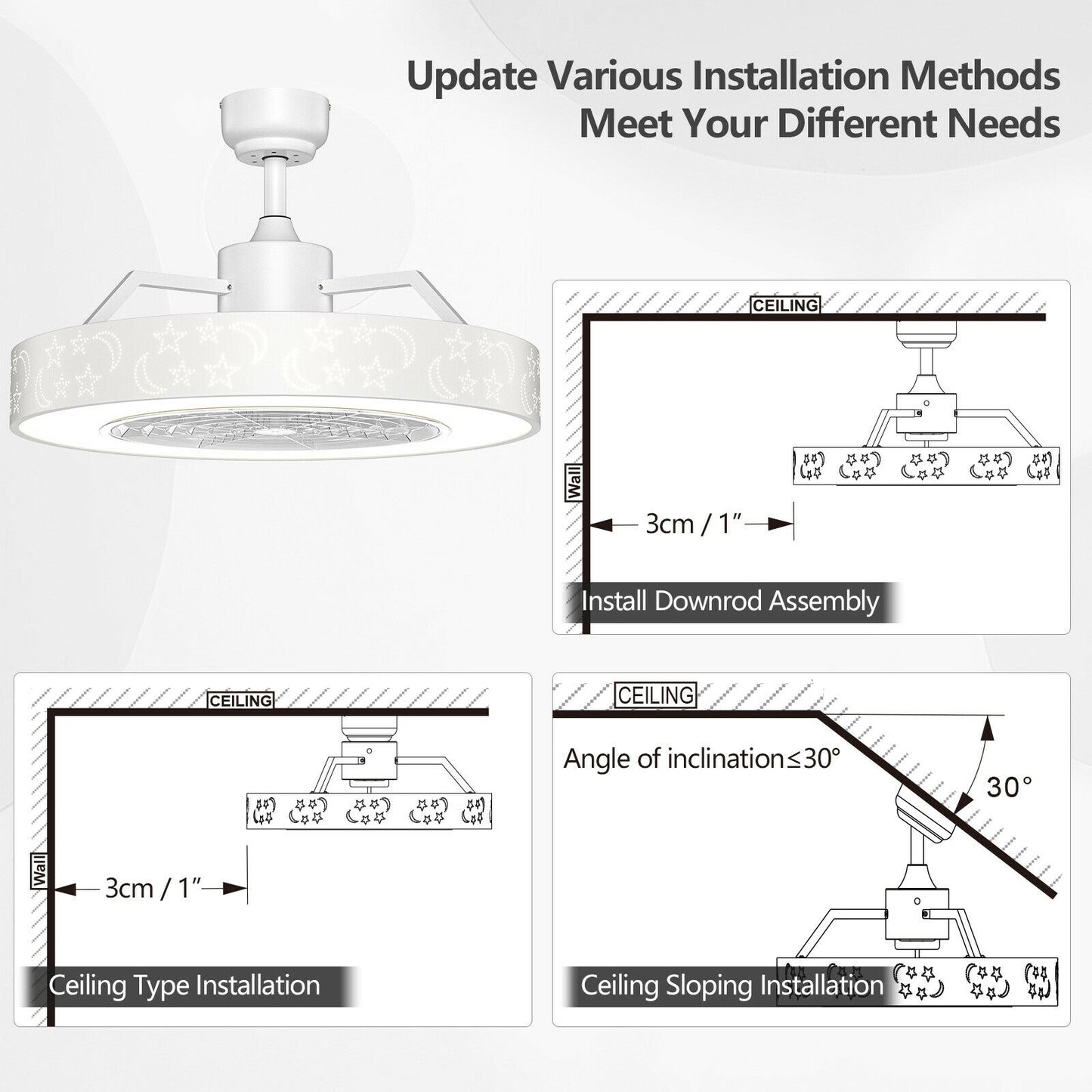 23 Inch Ceiling Fan with LED Light and Remote Control-White