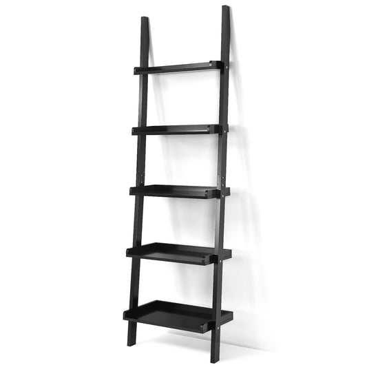 5-Tier Wall-leaning Ladder Shelf Display Rack for Plants and Books-Black