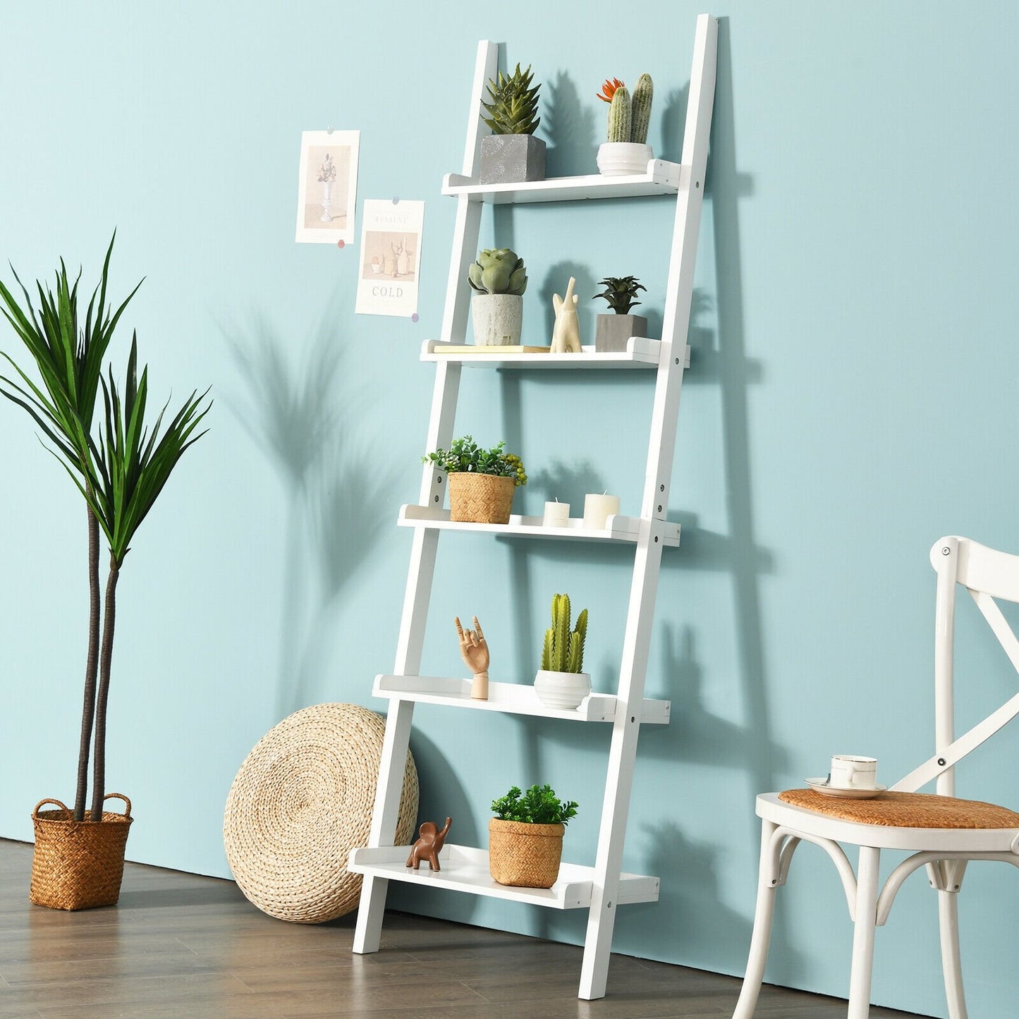 5-Tier Wall-leaning Ladder Shelf Display Rack for Plants and Books-Black