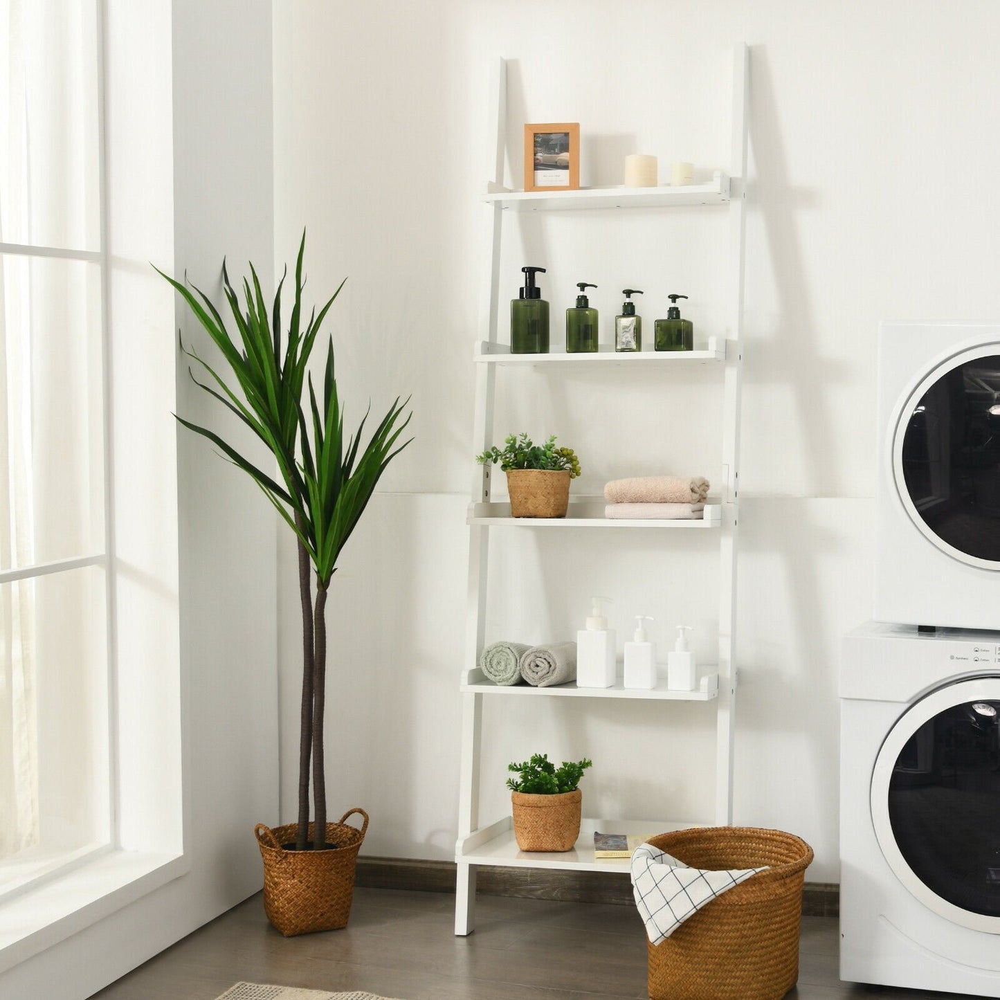 5-Tier Wall-leaning Ladder Shelf Display Rack for Plants and Books-Black